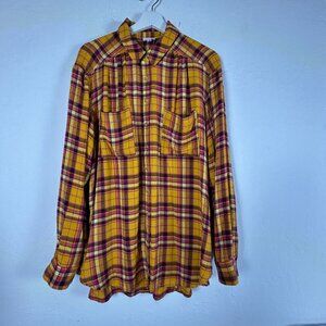 Pilcro Womens Large Yellow & Purple Plaid Button-Up Shirt Long Sleeve Pockets